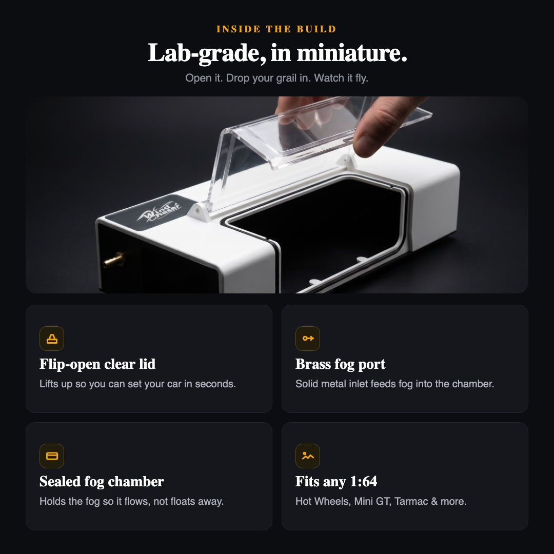 KP Design WindChaser desktop wind tunnel with real fog flowing over a 1:64 diecast car