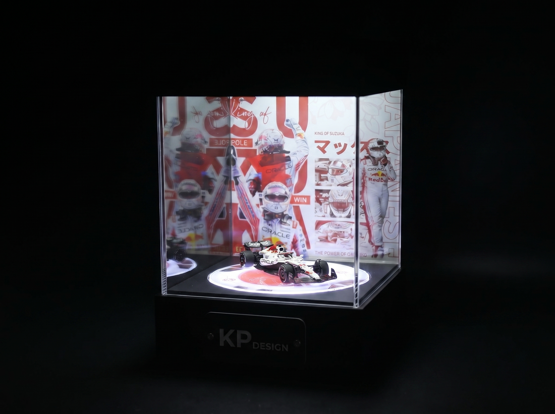 KP Design Rotating Stage displaying an F1 1:64 car against a motorsport backdrop
