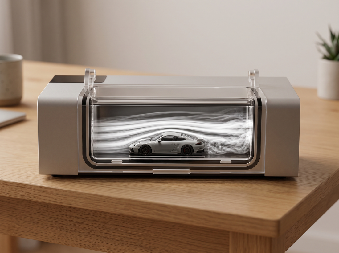 KP Design WindChaser fog-tunnel display as desk decor on a wooden desk