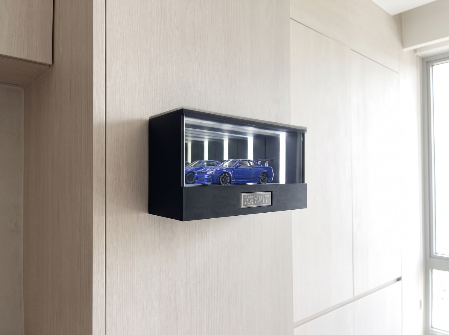 KP Design Infinity Garage wall-mounted 1:64 display case on a light modern wall