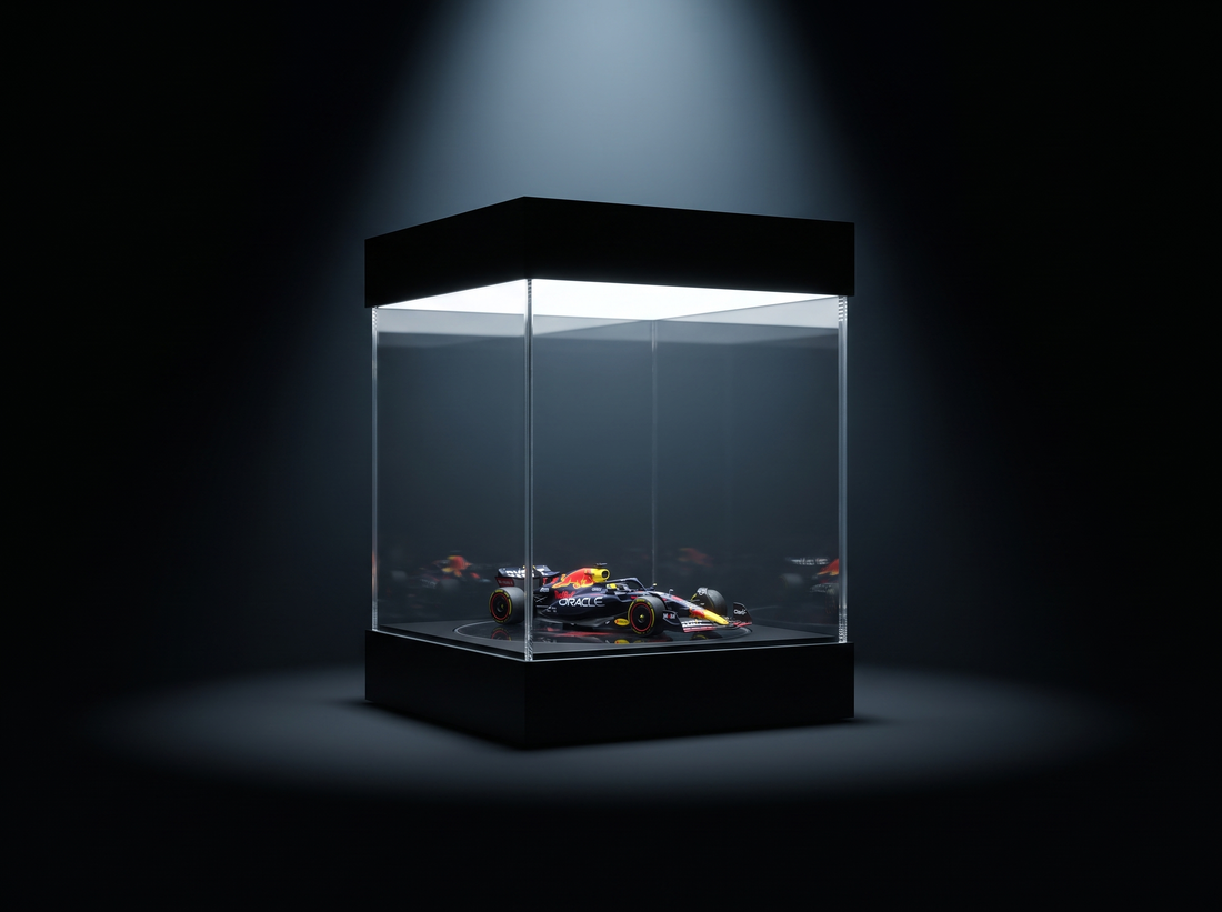KP Design display case spotlighting a single grail 1:64 car under a beam of light