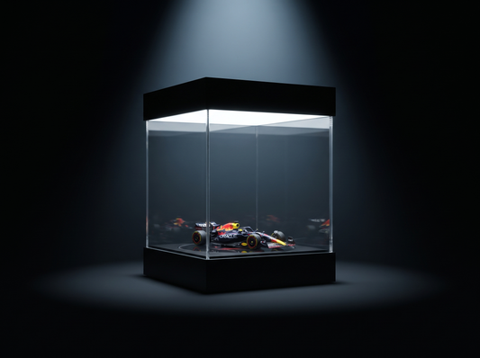 KP Design display case spotlighting a single grail 1:64 car under a beam of light