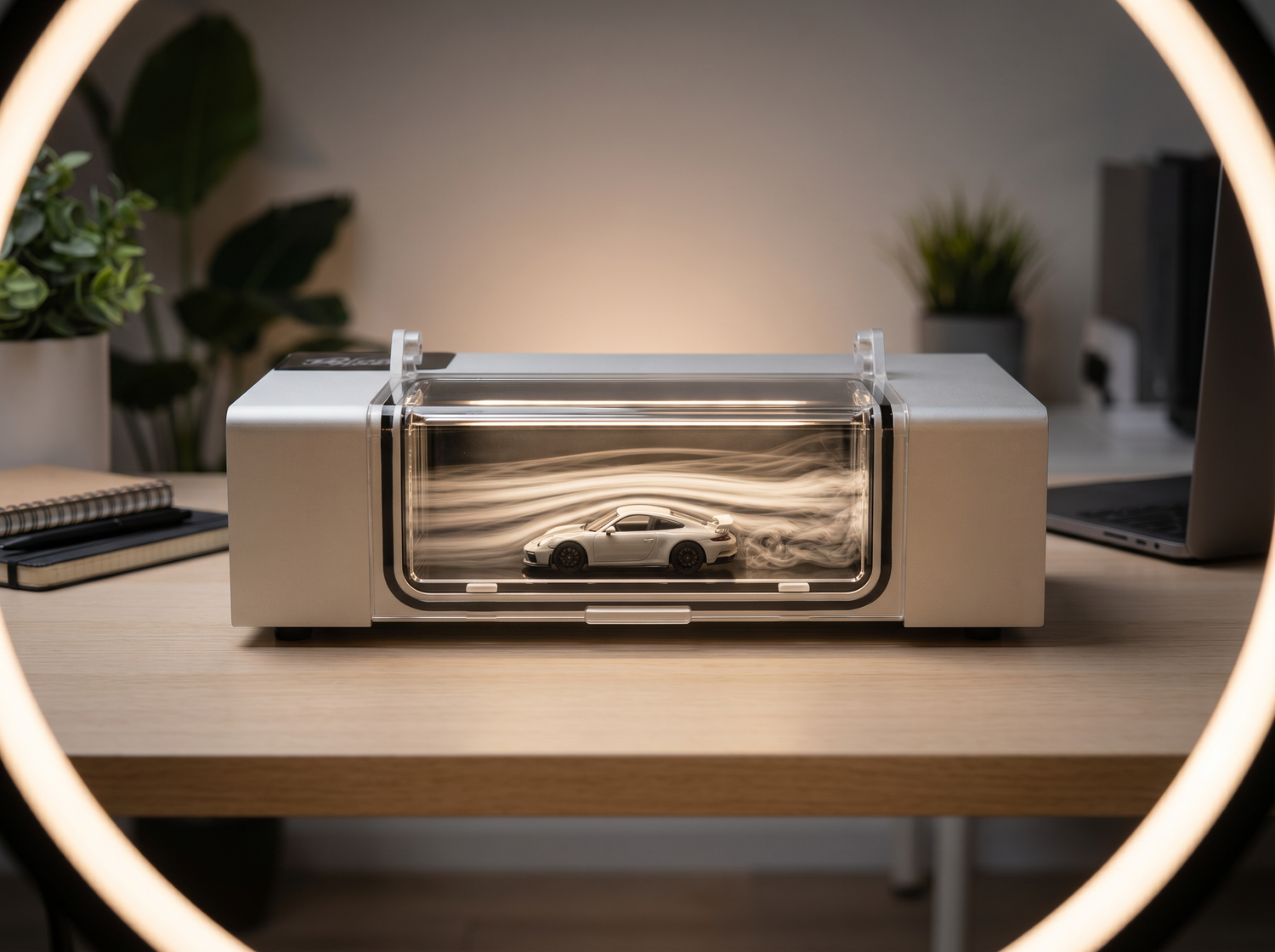 KP Design WindChaser fog display photographed through a ring light on a desk for Instagram