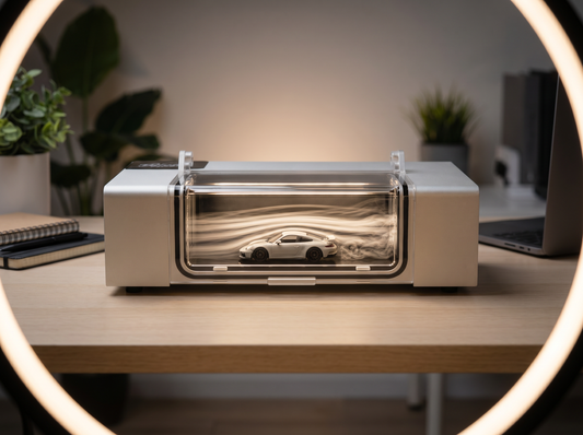 KP Design WindChaser fog display photographed through a ring light on a desk for Instagram