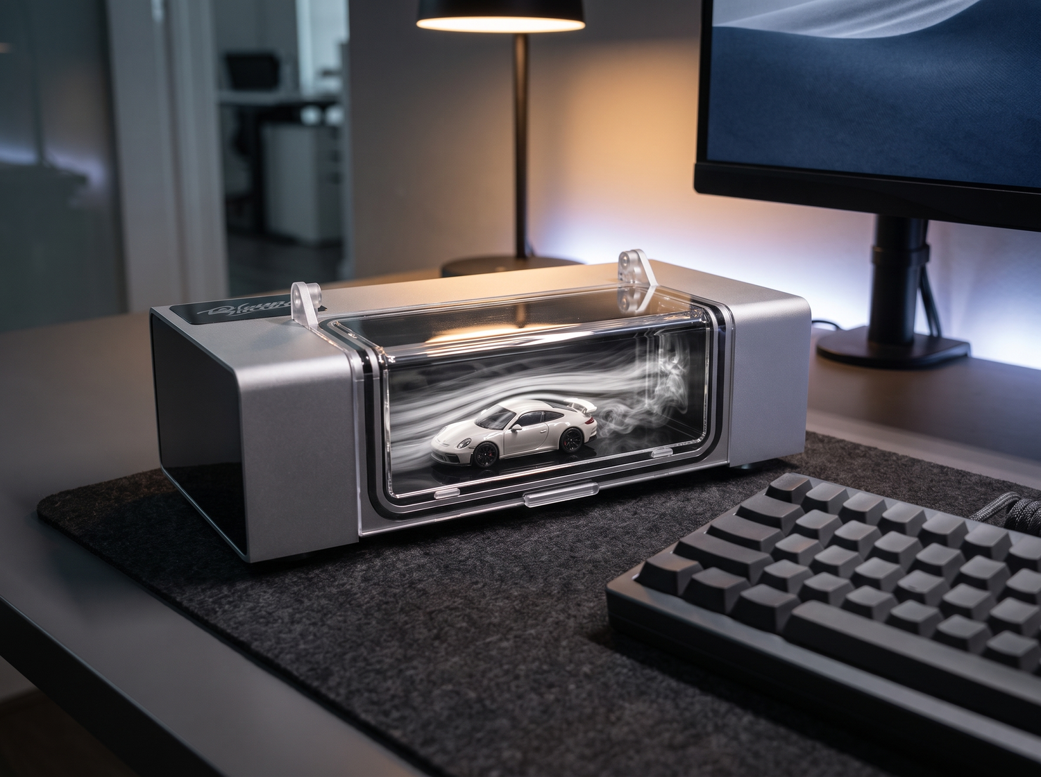 KP Design WindChaser fog-tunnel display with a diecast car as the statement piece of a car-guy desk setup beside a mechanical keyboard and monitor