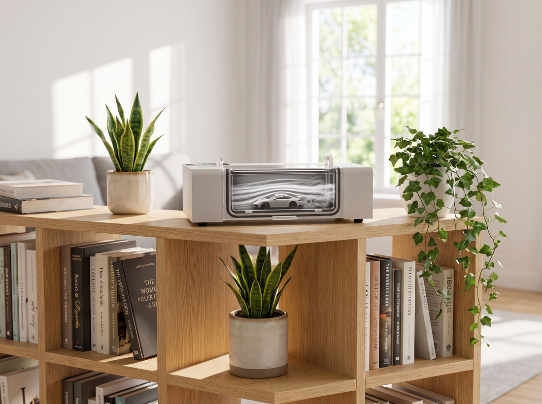 A lit diecast display on an open bookshelf among books and plants