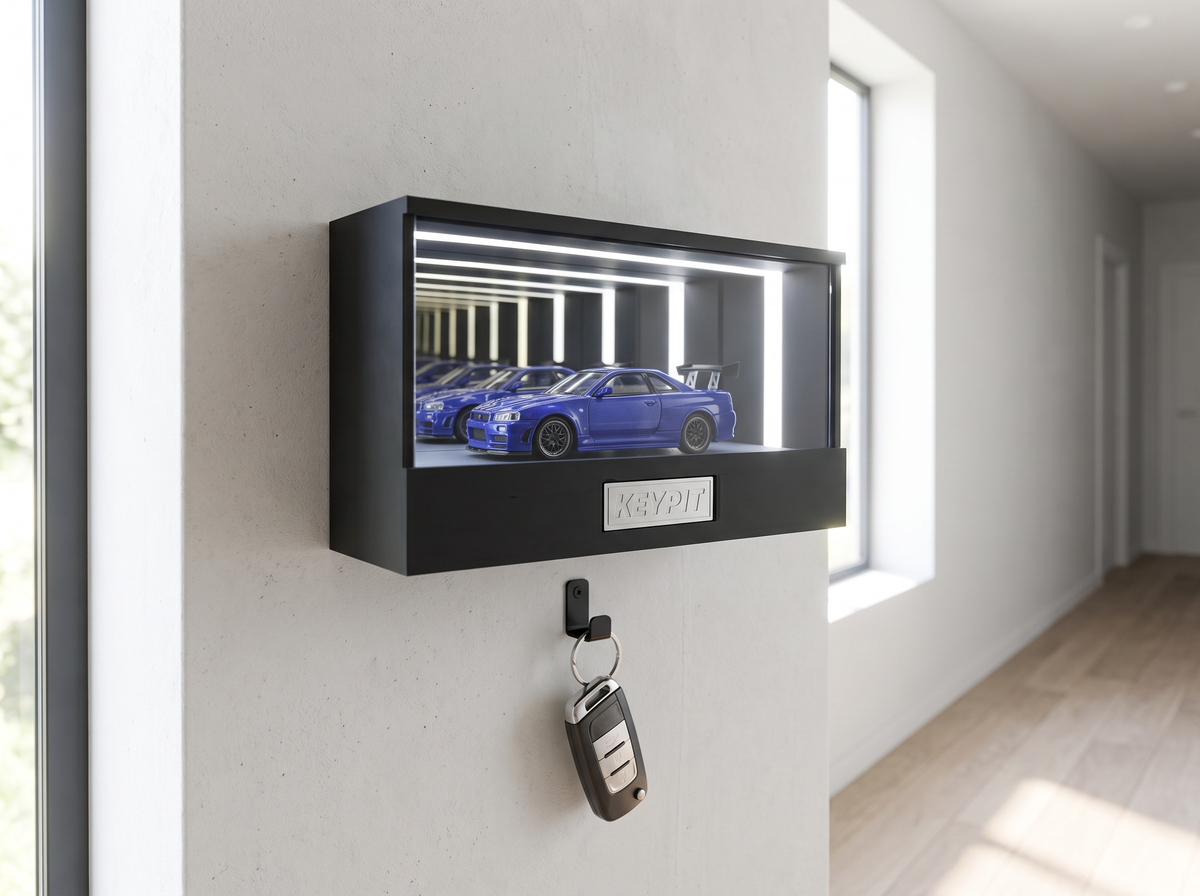 A wall-mounted lit display case in an entryway with a car key fob hanging on the hook underneath