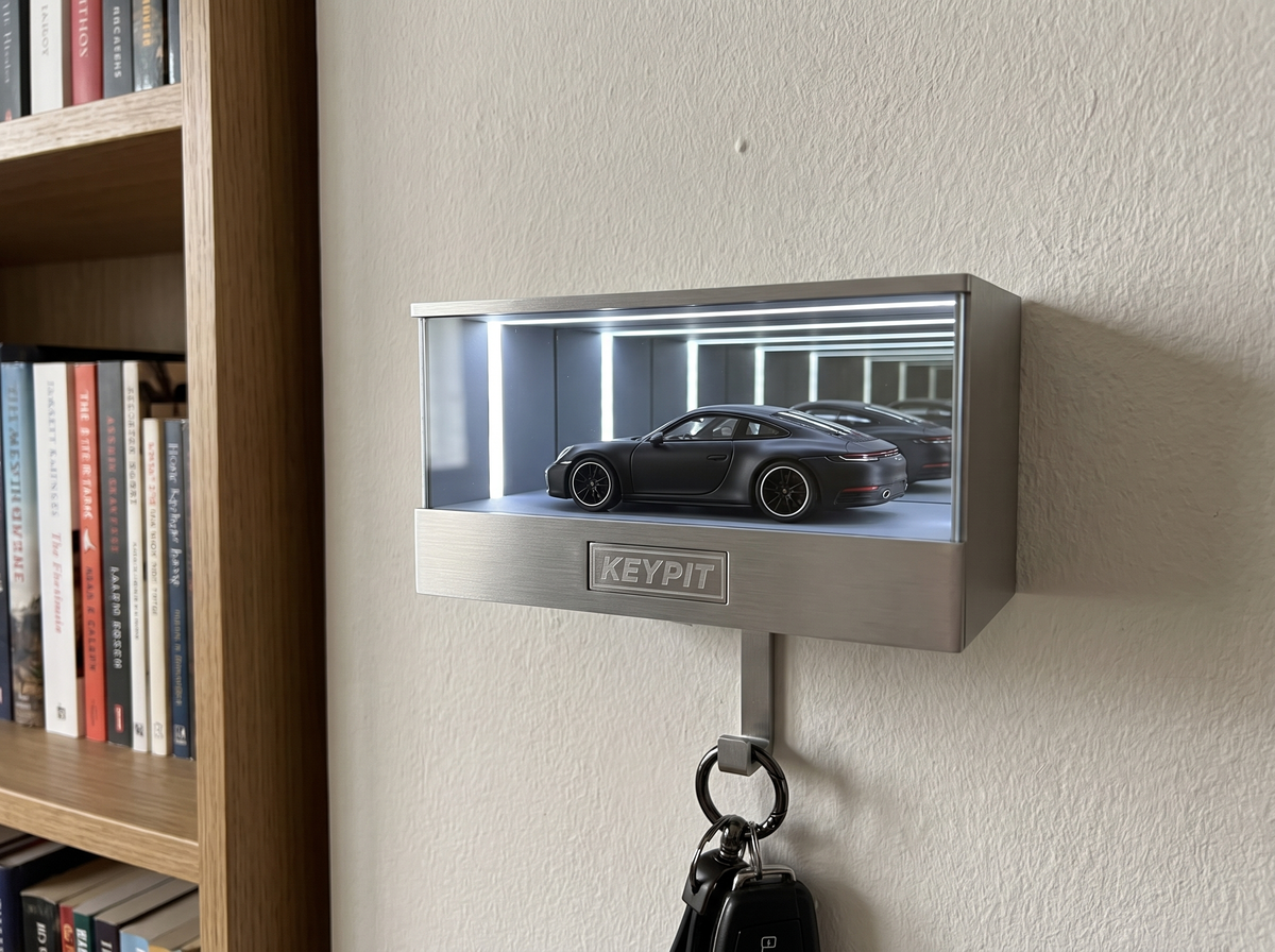 A lit wall-mounted display case holding a single 1:64 diecast car on a living room wall beside a bookshelf