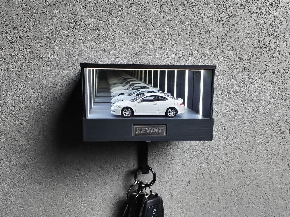 A white 1:64 diecast car with clean white paint under UV-free cool white lighting