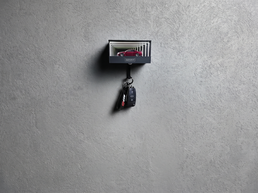 A lit display case holding one red 1:64 car mounted high on a wall, well above head height and out of reach