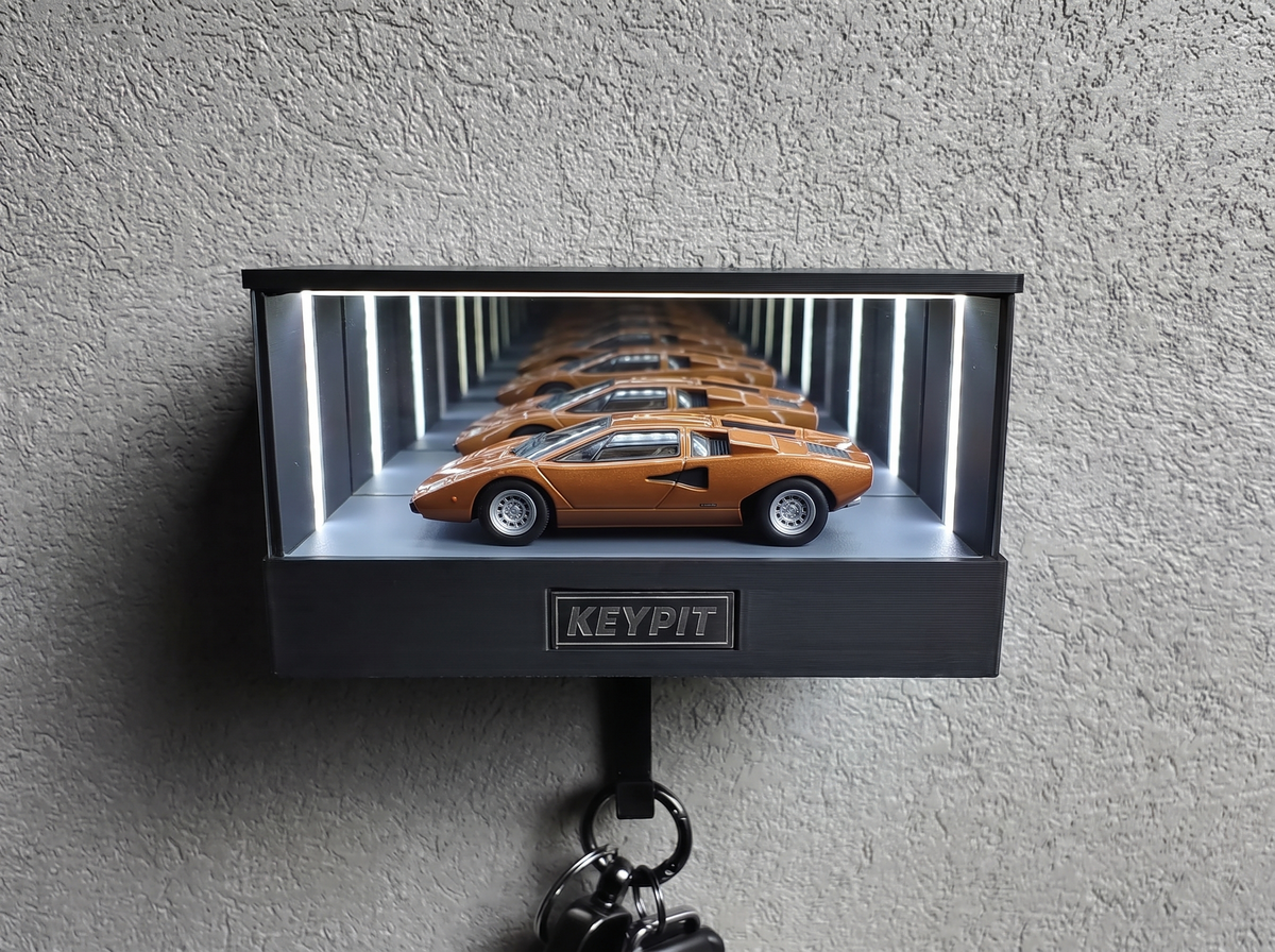 A single 1:64 diecast supercar displayed alone in a lit wall-mounted case, shown in side profile
