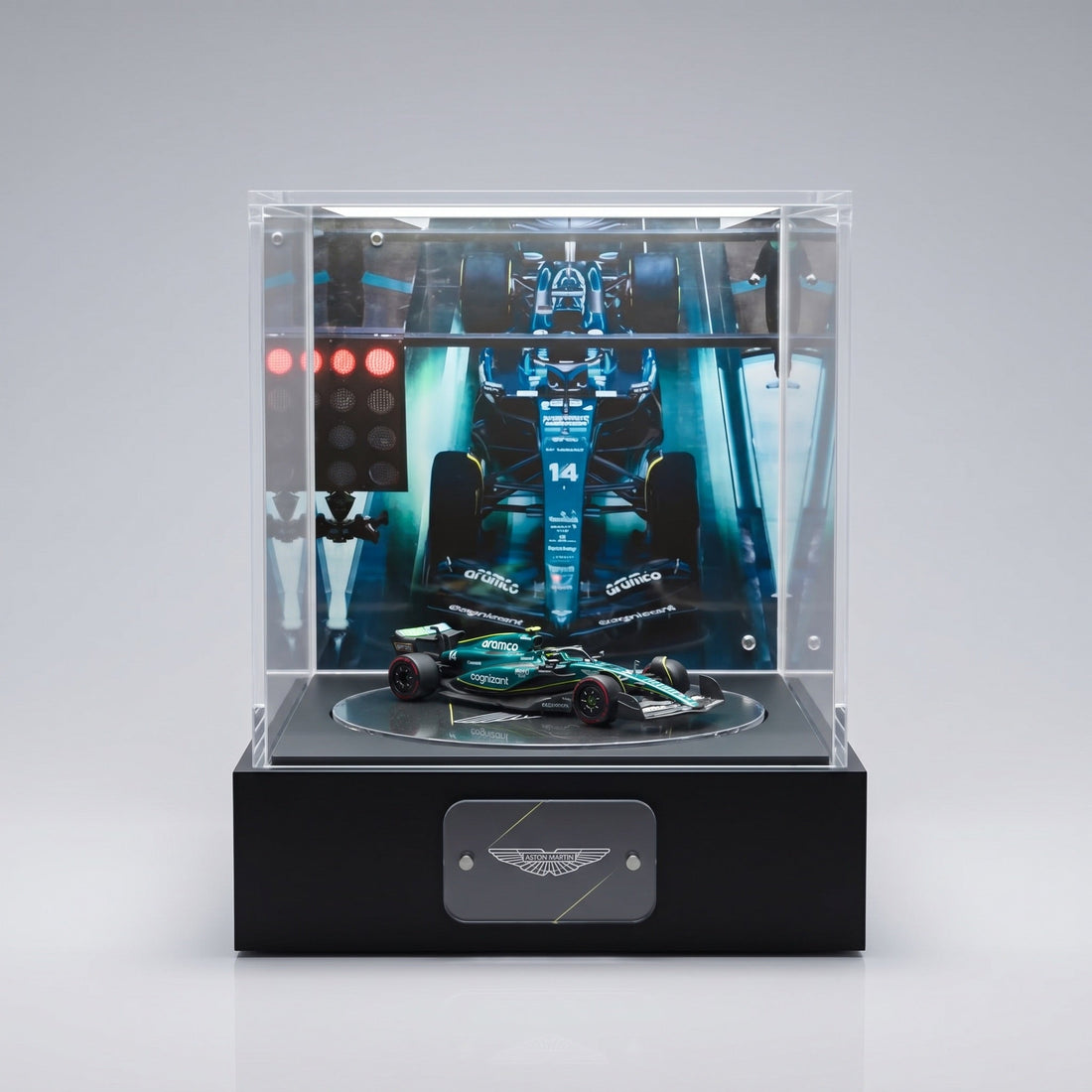 A lit infinity-mirror display case with a diecast car, showing the depth effect a true beam-splitter chamber produces
