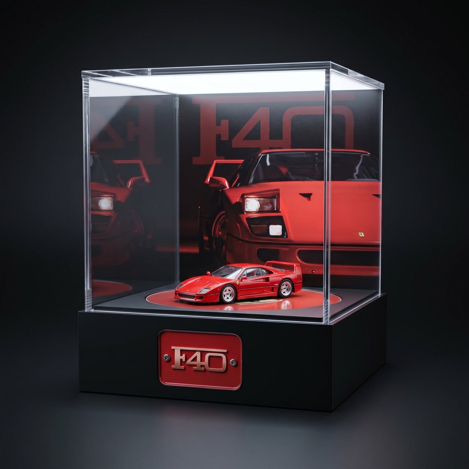 A red Ferrari F40 1:64 in a lit KP Design Rotating Stage with a matching red F40 backdrop, red floor disc and F40 nameplate
