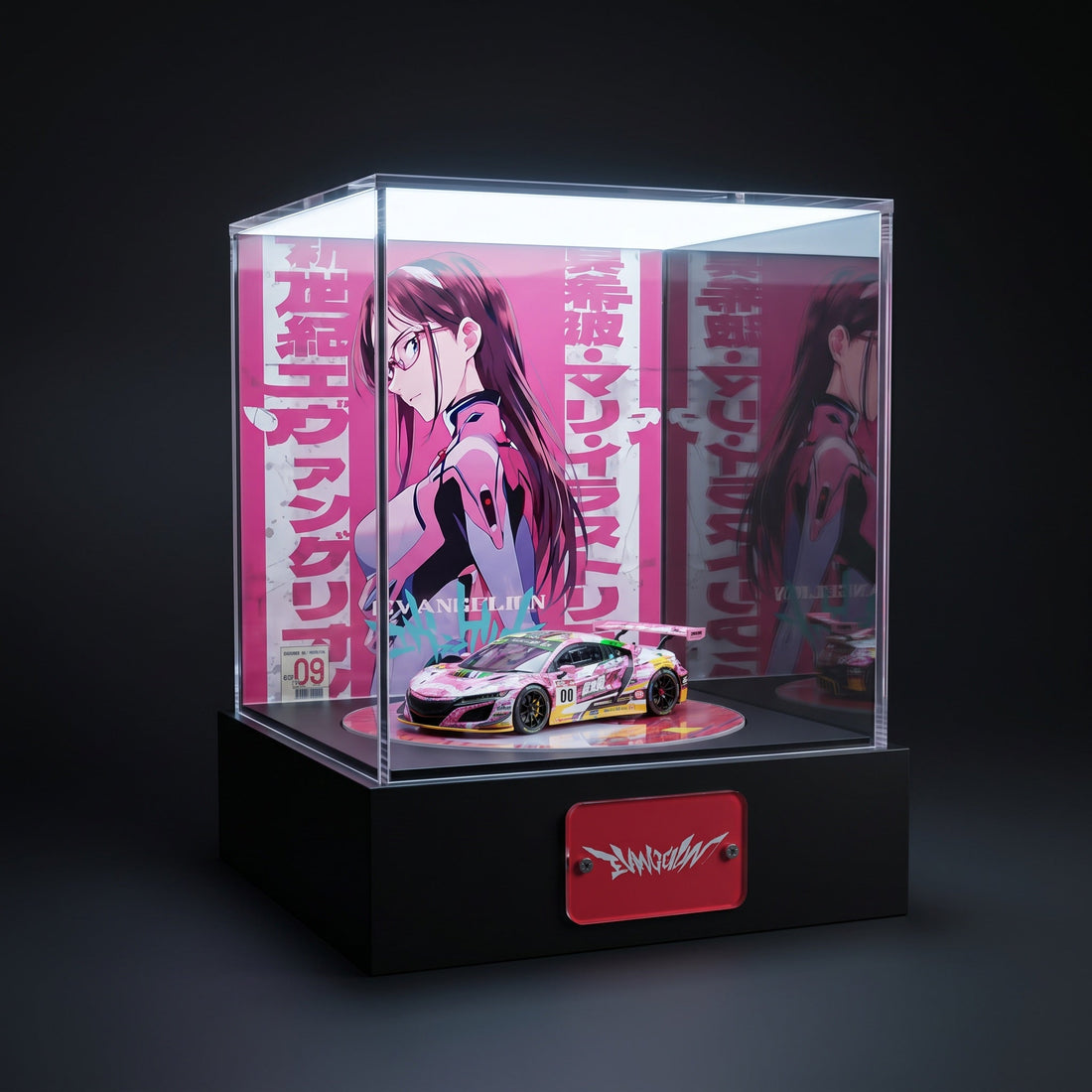 A pink anime-livery itasha NSX GT3 1:64 in a lit KP Design Rotating Stage with a matching character-art backdrop and themed nameplate