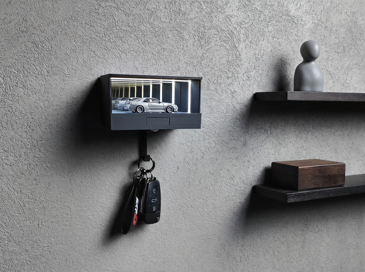 A lit wall-mounted display case holding one silver 1:64 car at eye level, with two sparse floating shelves beside it